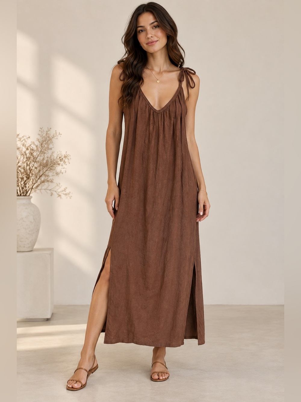 Old Navy Brown Tie Strap Maxi Dress Size Small
